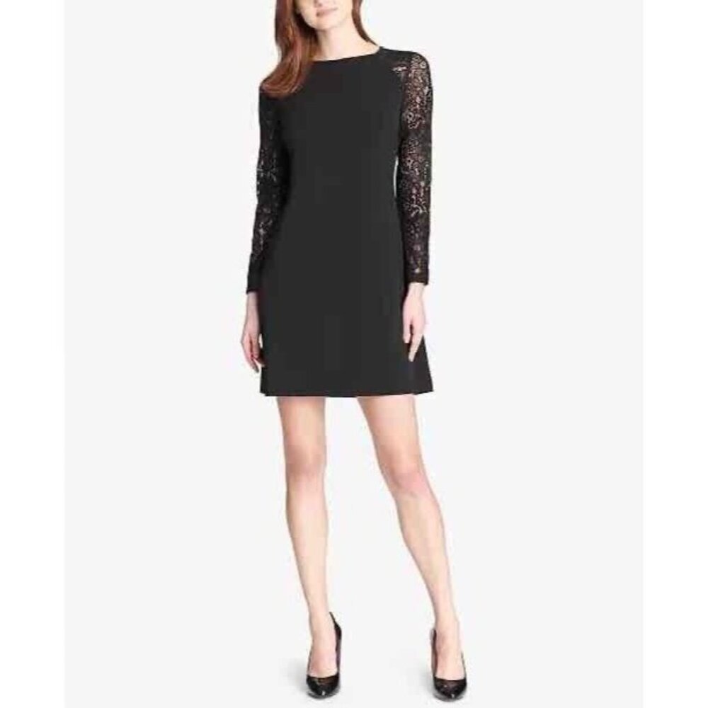 NWT Tommy Hilfiger Womens Black Lace Zippered Jewel Neck Sheath Dress Size 14